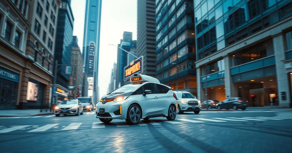 A futuristic robotaxi in an urban setting with tall buildings and road infrastructure, showcasing autonomous technology.