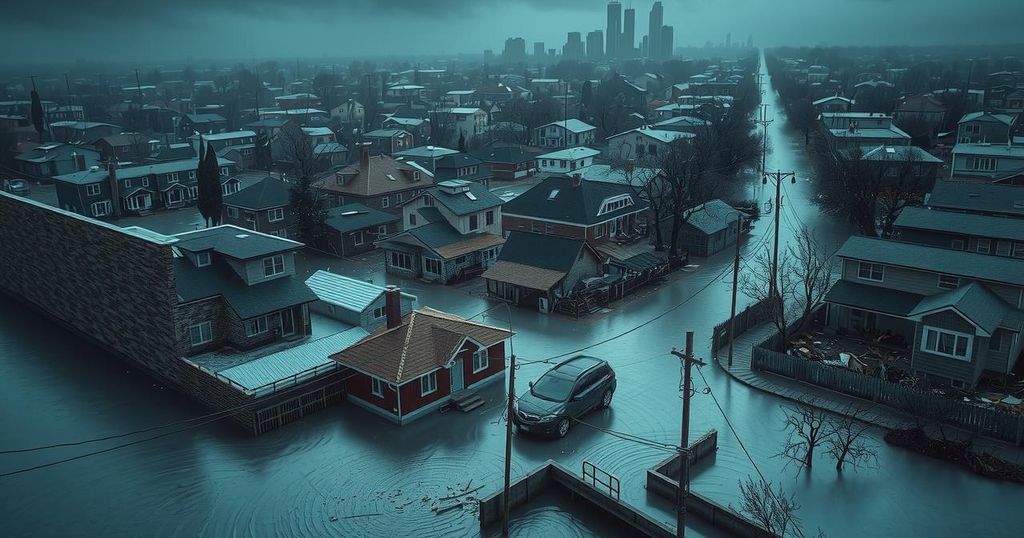 Flooded urban landscape in Kinshasa after heavy rains causing extensive damage to buildings and roads.