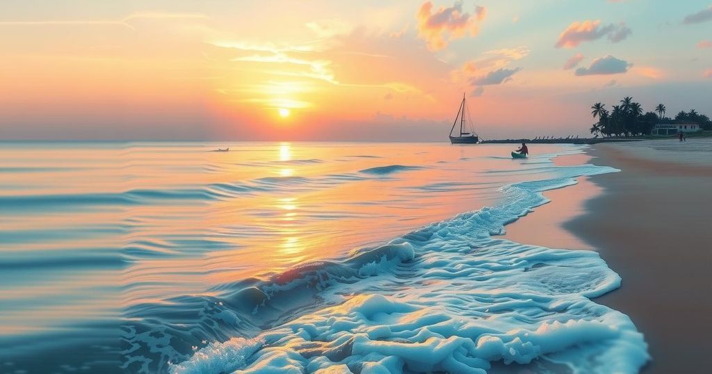 A serene seascape featuring the coastline of Tamil Nadu at sunrise, symbols of safety and vigilance in the waves.