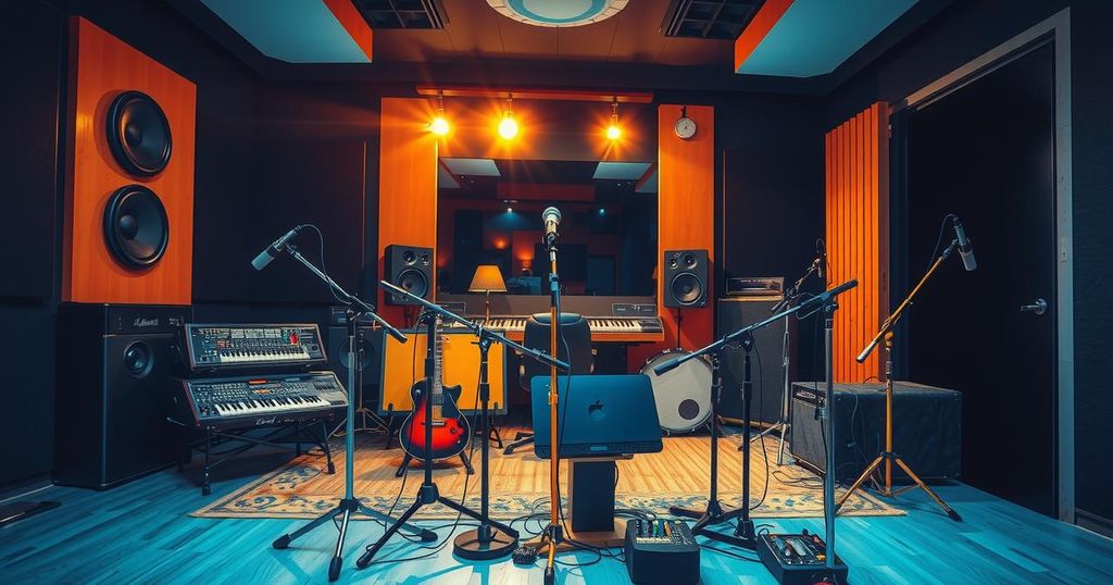 A vibrant urban studio setting with musical equipment and notes, evoking creativity and passion in rap music.