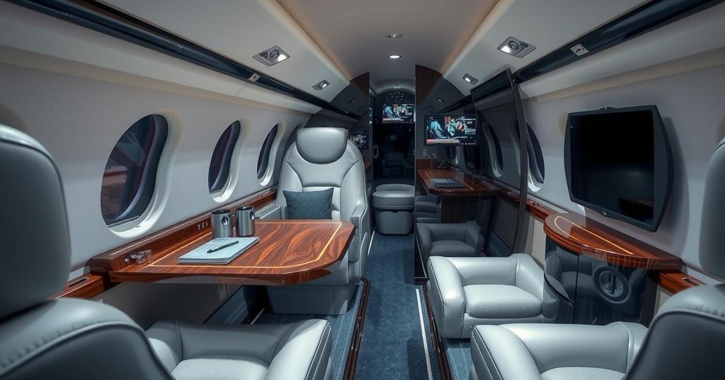 A luxurious jet interior showcasing modern amenities and secure communications for presidential travel.