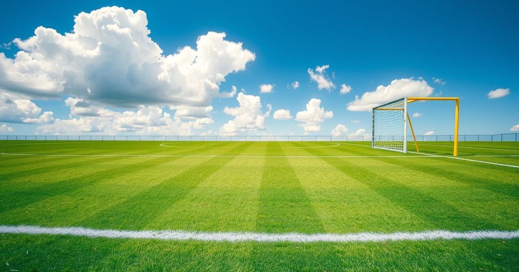A vibrant soccer field with a goal and green grass under a clear blue sky, illustrating the sport's energy.