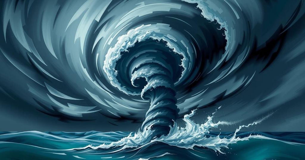 A swirling cyclone forming over Madagascar with dark storm clouds and strong winds, illustrated in a dramatic style.