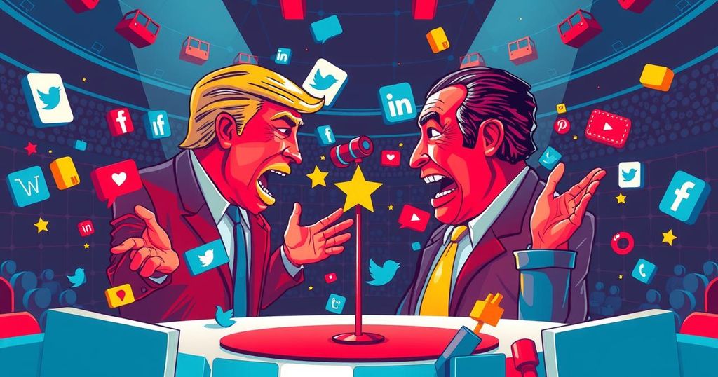 A vibrant illustration of a dramatic showdown between two symbolic large egos in a political arena, surrounded by social media icons.