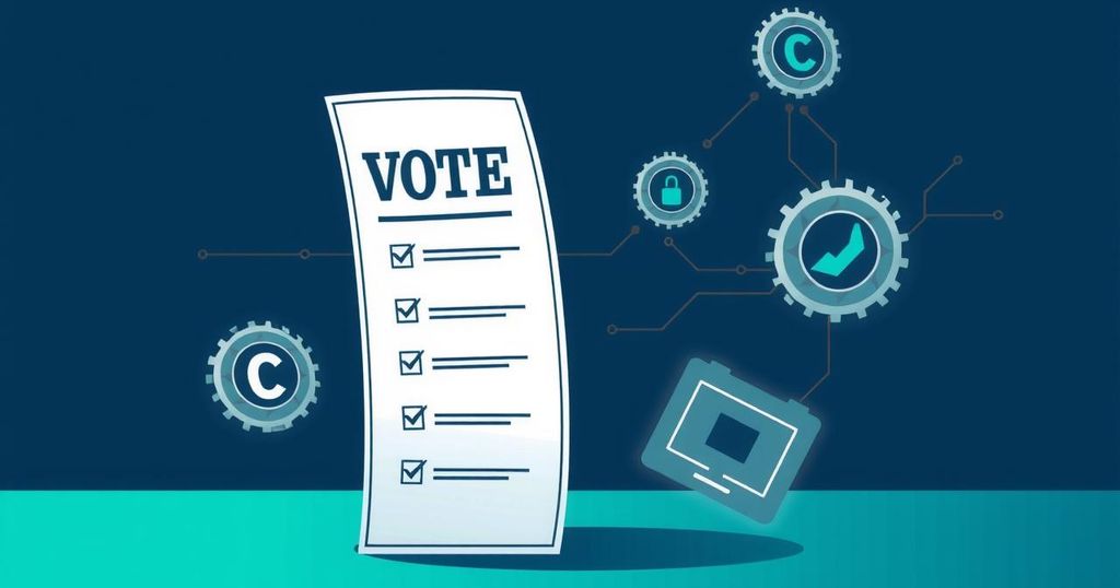 A digital illustration depicting a traditional voting ballot against a backdrop of technology concepts.