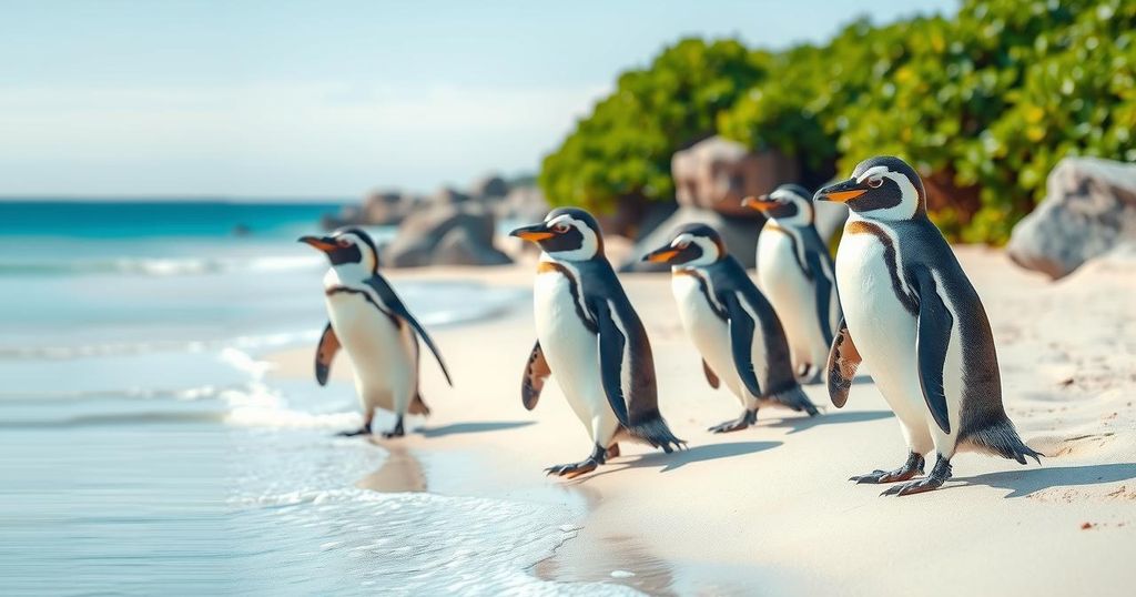 A serene scene of African penguins in a protected coastal habitat, showcasing conservation efforts in nature.