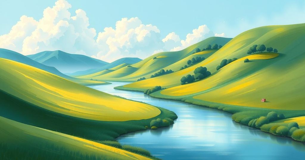 A peaceful landscape under a soft blue sky with gentle hills and a calm river, evoking serenity and hope.