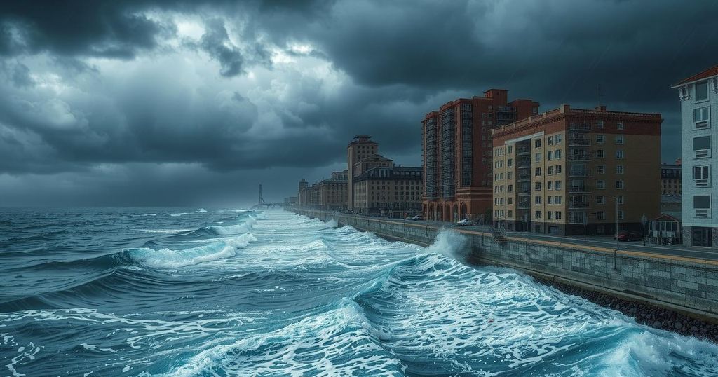 A stormy sky over coastal buildings in Alexandria, showcasing heavy rains and hailstones with dark, moody colors.