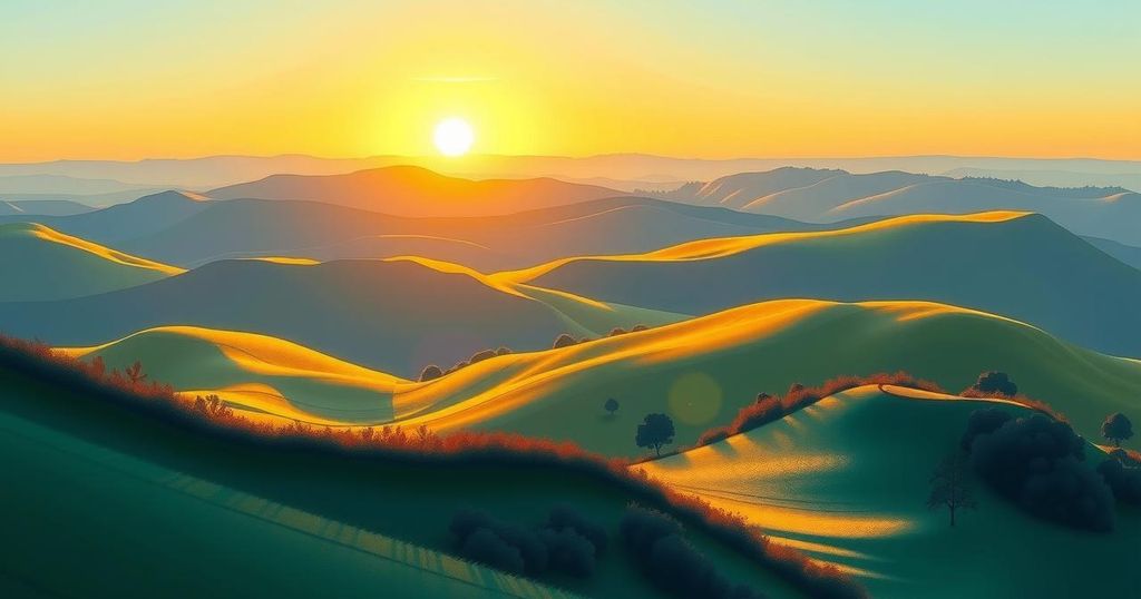 A peaceful landscape showing a sunrise over hills, symbolizing hope and resolution in geopolitics.