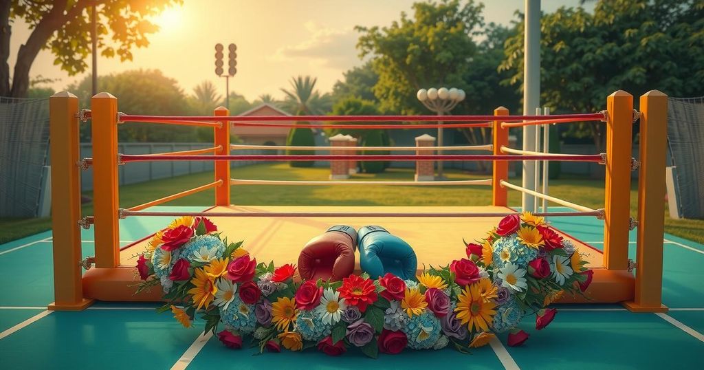 A Nigerian boxing ring with boxing gloves, a mat, and a wreath, symbolizing respect and remembrance for a boxer.