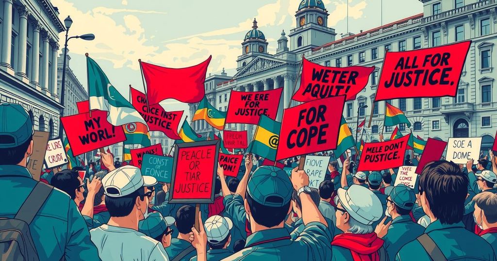 Vibrant scene of peaceful protest with colorful banners and raised fists, symbolizing determination for justice and change.