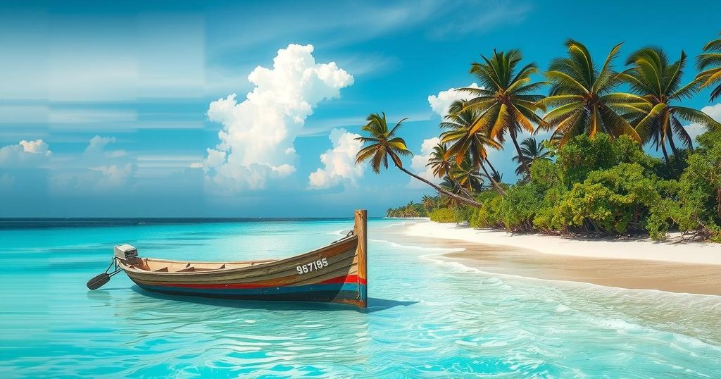 A deserted boat washed ashore on a tropical beach with calm waves and clear skies.