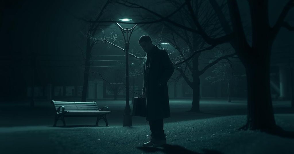 A dark park scene with blurred shadows representing political tension, muted colors reflect a somber atmosphere.
