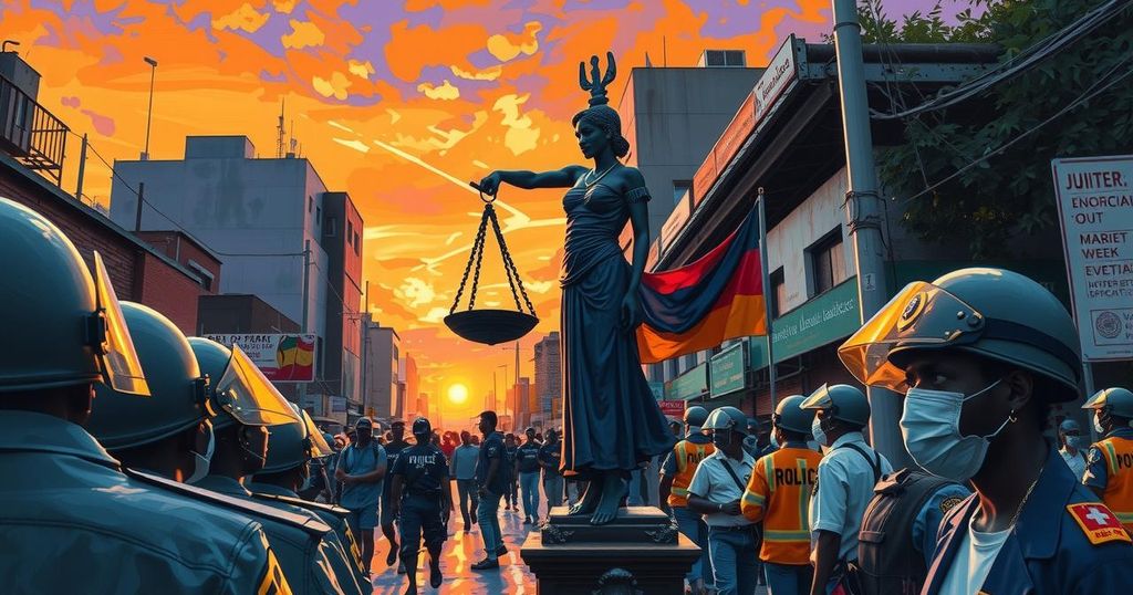 A vibrant street scene in Nairobi with protesters and police in the background, showcasing a call for justice.