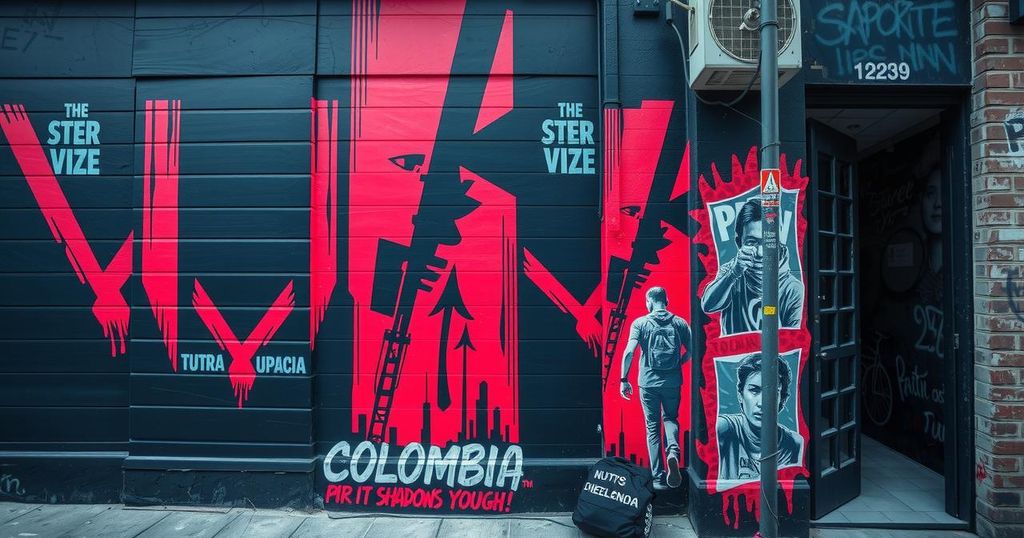 A vivid, somber mural depicting urban violence in Colombia, portraying shadows of youth amidst dark alleyways.