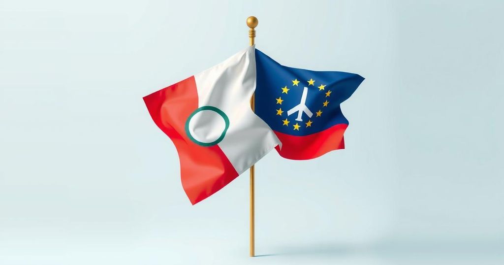 Peace agreement symbolized by two flags intertwined, representing cooperation between nations, peaceful resolution of conflict.