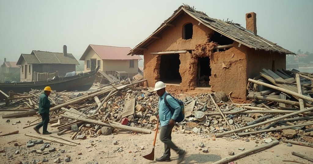 Collapsed building in a fishing community with rescue efforts underway and debris everywhere.
