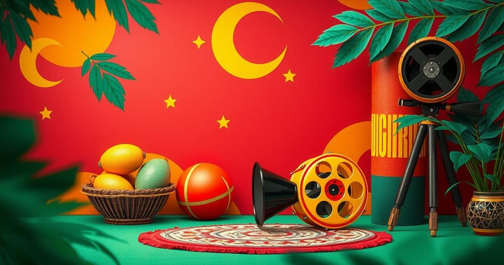A cinematic scene featuring iconic elements of Nigerian culture, vibrant colors, and stylish film festival atmosphere.