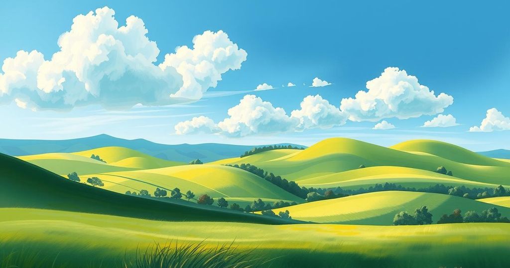A serene landscape showcasing peace between nations with lush green fields and a clear blue sky.