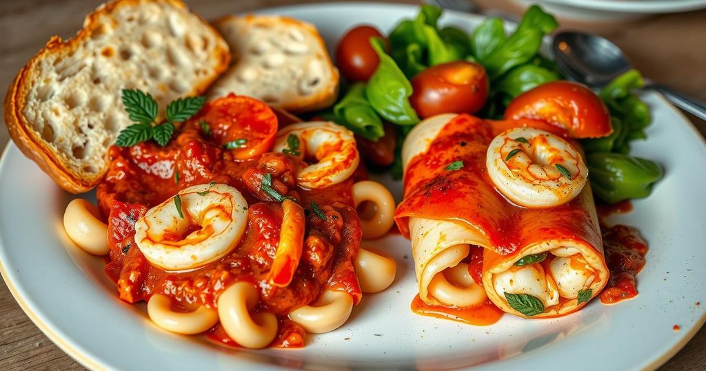 Italian food spread featuring gnocchi Sorrento and shrimp manicotti with salad and bread.