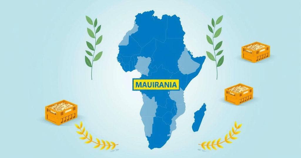 Map of Africa highlighting Mauritania with blue and yellow hues representing Ukraine's aid efforts.