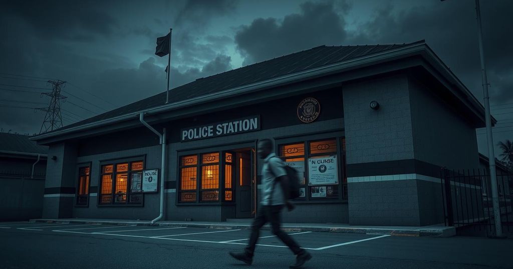 A dramatic scene depicting a police station in Kenya with raised tensions, dark color scheme and realistic detail.