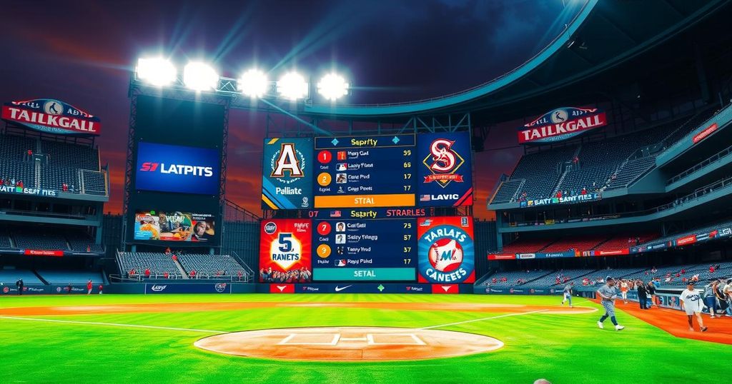 A vibrant scene at a baseball stadium featuring a colorful scoreboard and bright stadium lights illuminating the field.