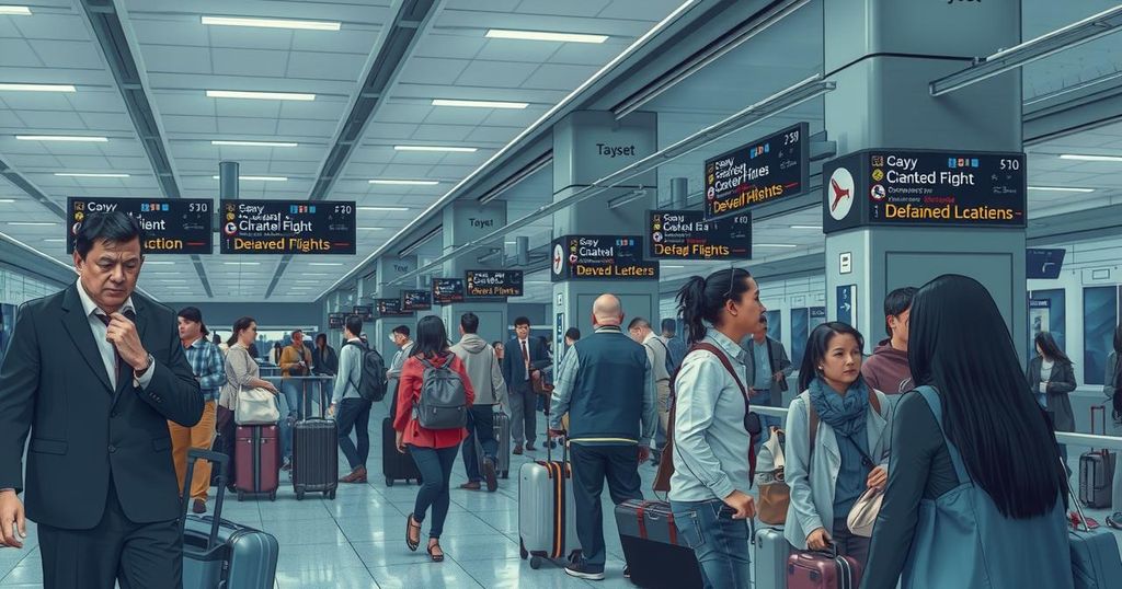 A complex airport scene filled with travelers looking confused and anxious amid sudden travel restrictions.