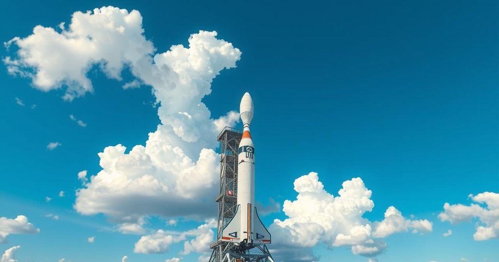 Launch pad with a Falcon 9 rocket ready for liftoff, surrounded by a bright blue sky and clouds.