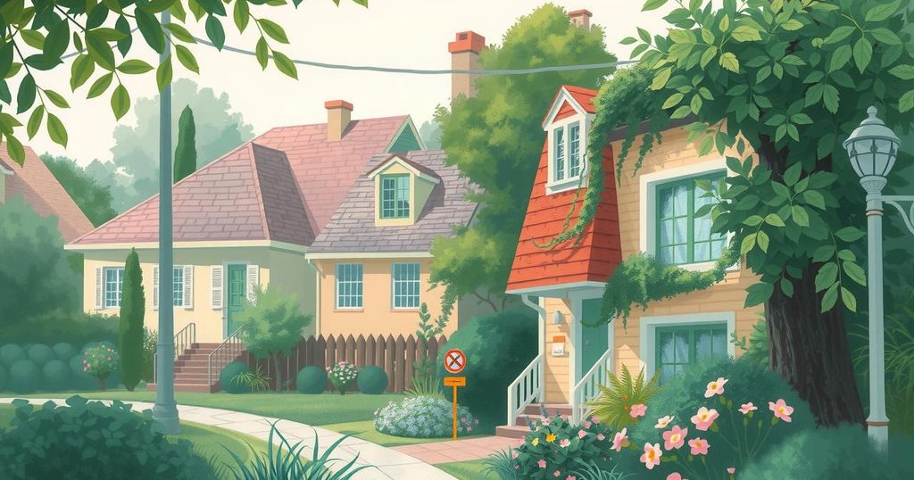 A serene neighborhood scene depicting a peaceful residence surrounded by greenery, evoking calmness and safety.