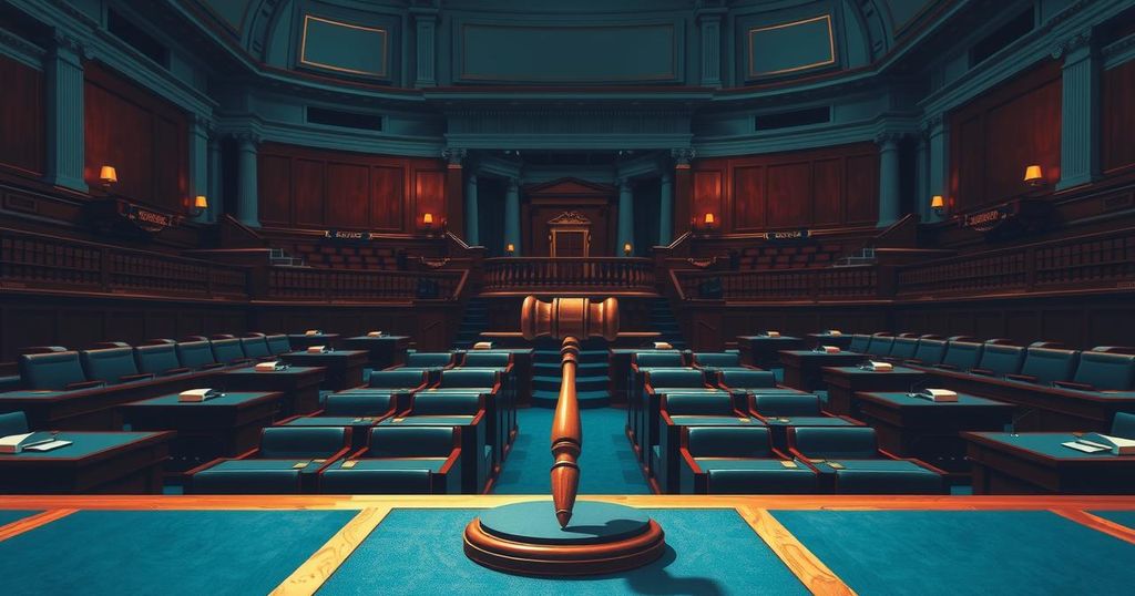 Senate chamber with empty desks and symbolic gavel, symbolizing legislative power and debate over war authority.