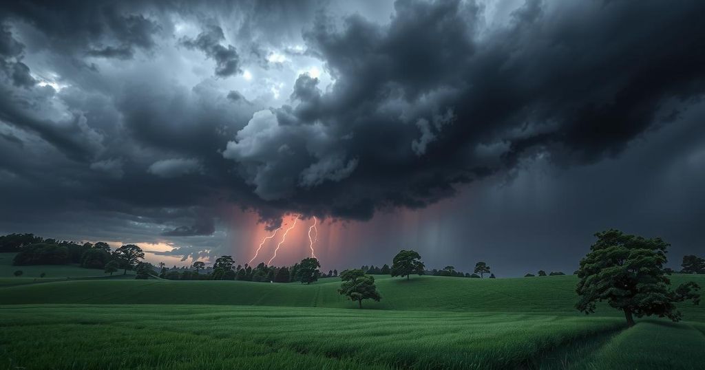 Dark storm clouds brewing over a lush green landscape, capturing strong thunderstorm vibes and nature's power.