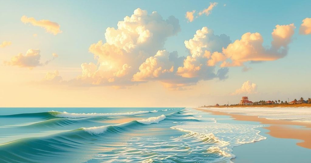 Sky with scattered clouds over a serene Pensacola Beach, showcasing warm tones reflecting a pleasant weather forecast.