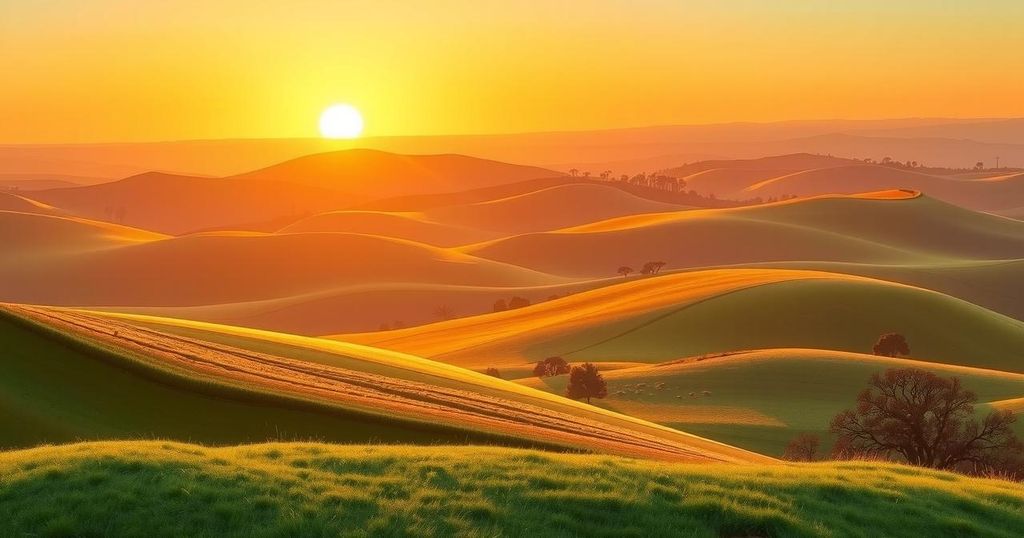 A serene landscape featuring rolling hills under a soft sunrise, with warm oranges and yellows reflecting a hopeful morning.