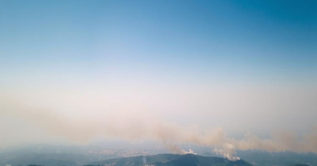 Clear blue sky above smoke-filled area with distant wildfire haze, reflecting air quality alert conditions.