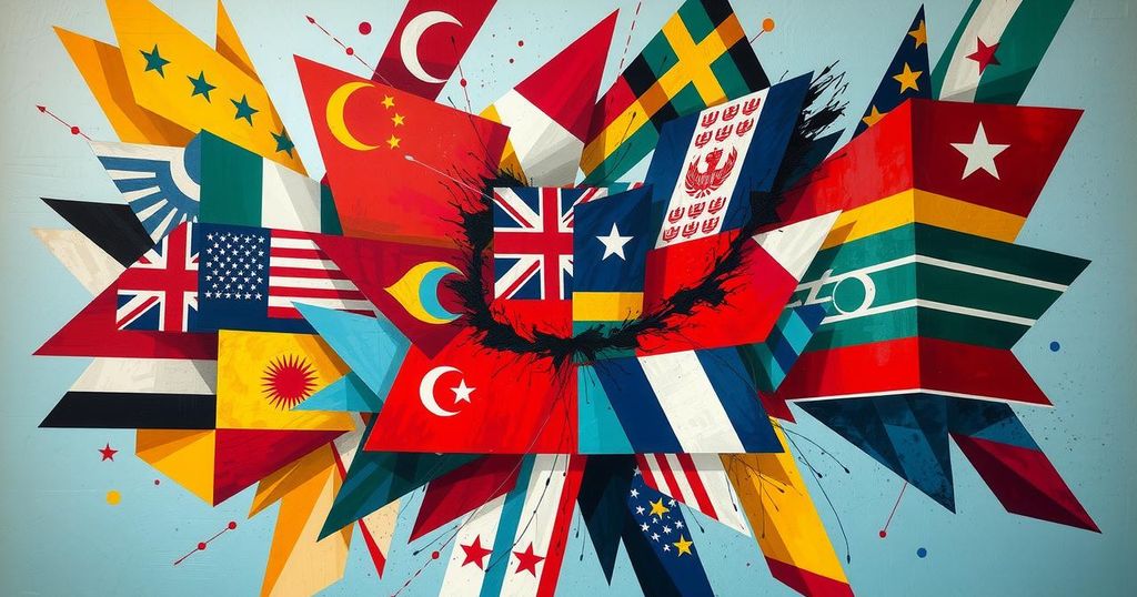Colorful abstract representation of political tensions between nations, showcasing symbolic aerial views of flags and military elements.