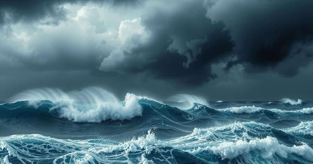 A stormy ocean with crashing waves and dark clouds, depicting a major hurricane impacting a coastal landscape.