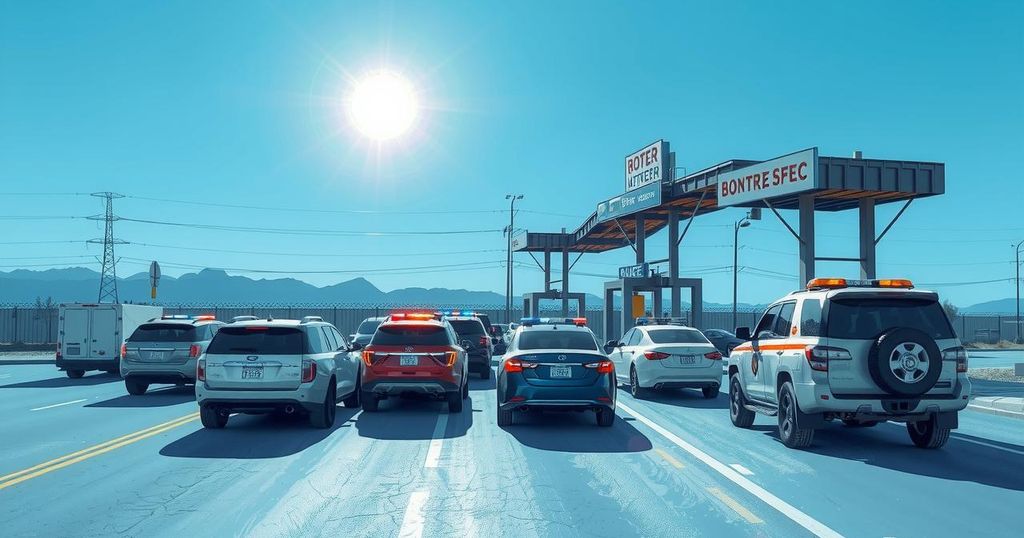 A border checkpoint scene with vehicles and authority presence, hinting at tension in the air.