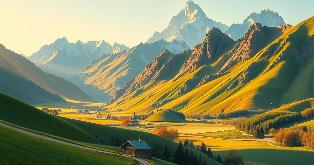 A vibrant landscape showcasing Kyrgyz mountains and valleys, reflecting rural life and storytelling through film.