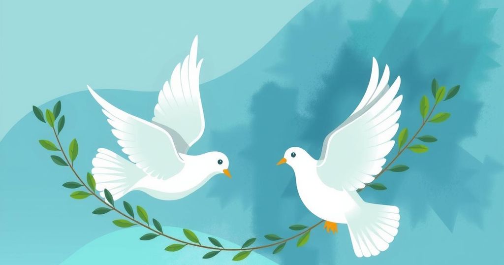 Abstract representation of diplomacy and peace agreements featuring doves and olive branches, in soothing blue and green hues.