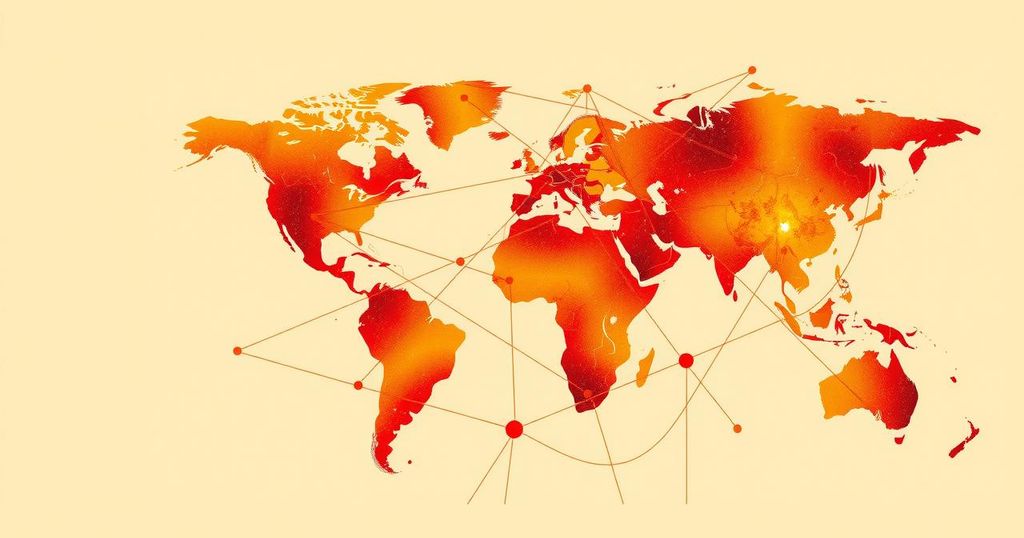 A stylized abstract representation of global connections and the challenges faced by Nigerians abroad, using warm colors.