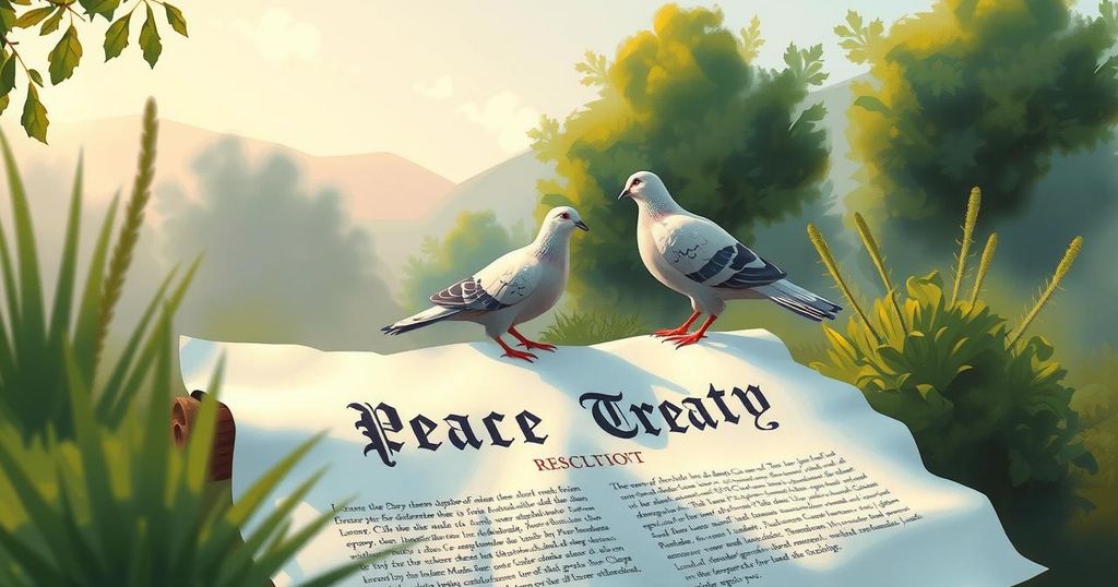 A landscape depicting peace negotiations with symbols of unity between two nations surrounded by nature.
