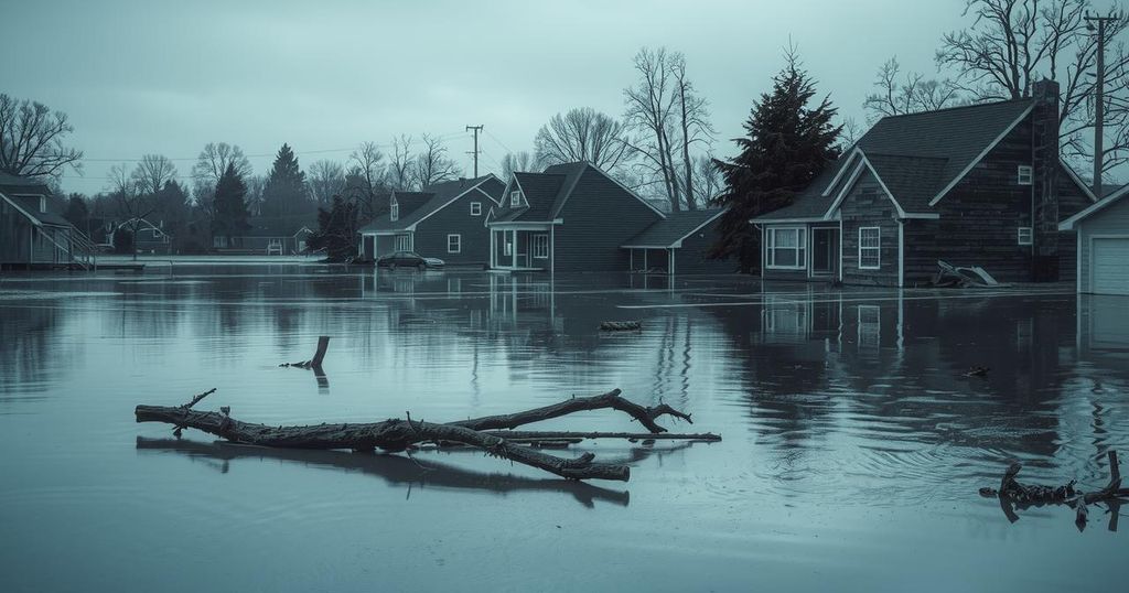 A devastated landscape after floods showing submerged debris and flooded homes in South Africa's Eastern Cape.