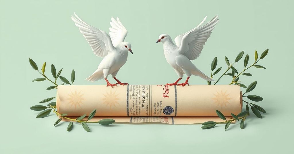 Two doves perched on a peace treaty with olive branches representing harmony between Rwanda and DRC.