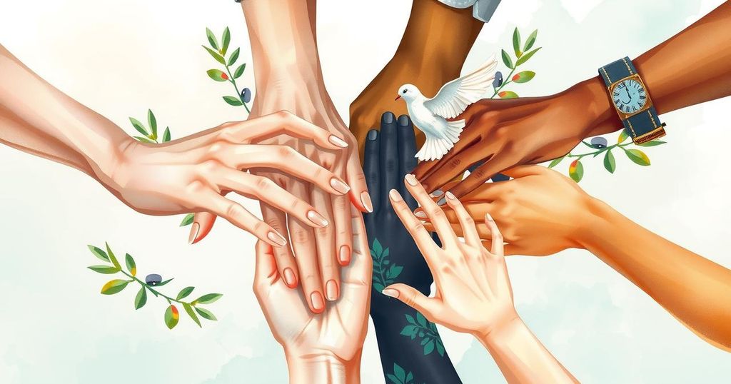 A symbolic representation of global unity against violence, featuring diverse hands intertwined with olive branches and doves.