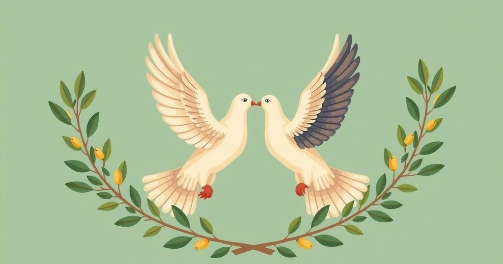 An abstract representation of peace treaties, featuring symbols of unity and collaboration in vibrant colors.