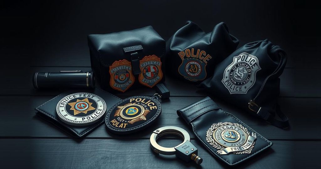 A still life scene with police badges, handcuffs, and evidence bags in a dark, moody atmosphere.