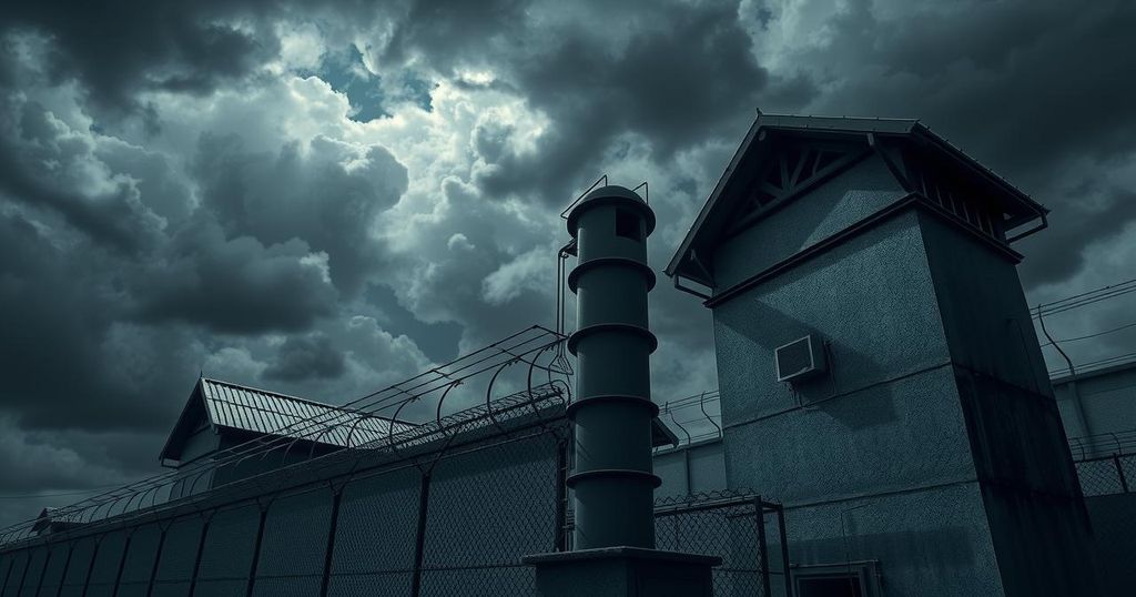 A prison featuring high walls with barbed wire under a stormy sky symbolizing turmoil and chaos of gang violence.