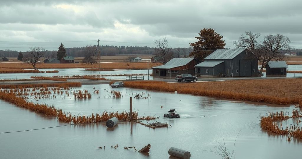 Severe flooding aftermath in a rural region with submerged buildings and debris amidst a cloudy sky.