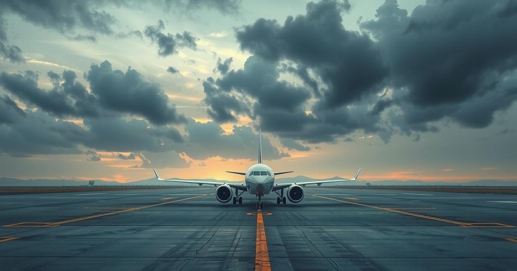 A stylized image depicting an airport with an empty runway and a grounded plane, symbolizing aviation struggles.